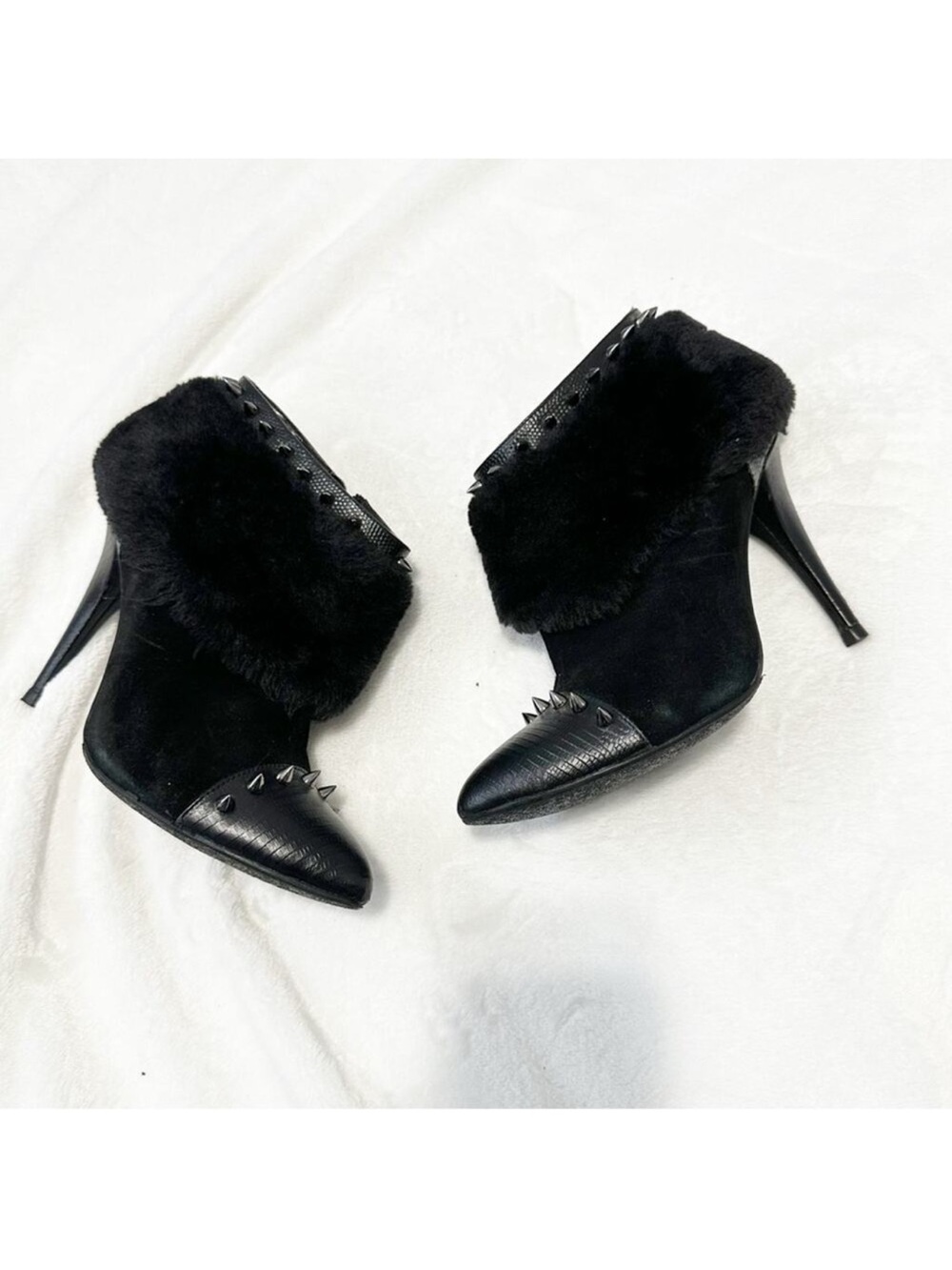Black Fur Cuff Pointed Toe Stiletto Booties with Stud Detail